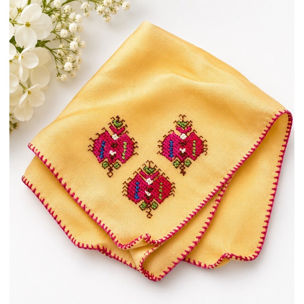 Vintage 100% Silk Embroidered Handkerchief Folk Art Pink Floral Hanky 10x10